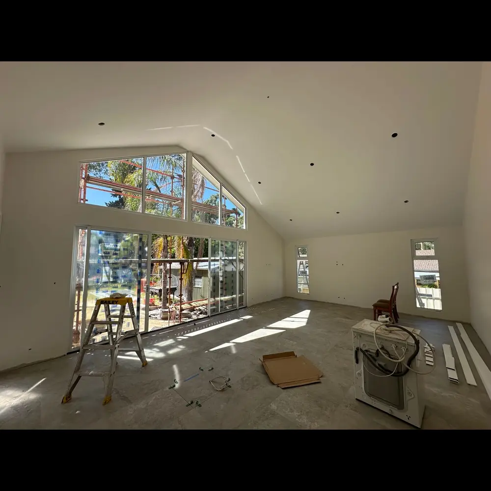 Raked-ceiling living area during interior fit-out