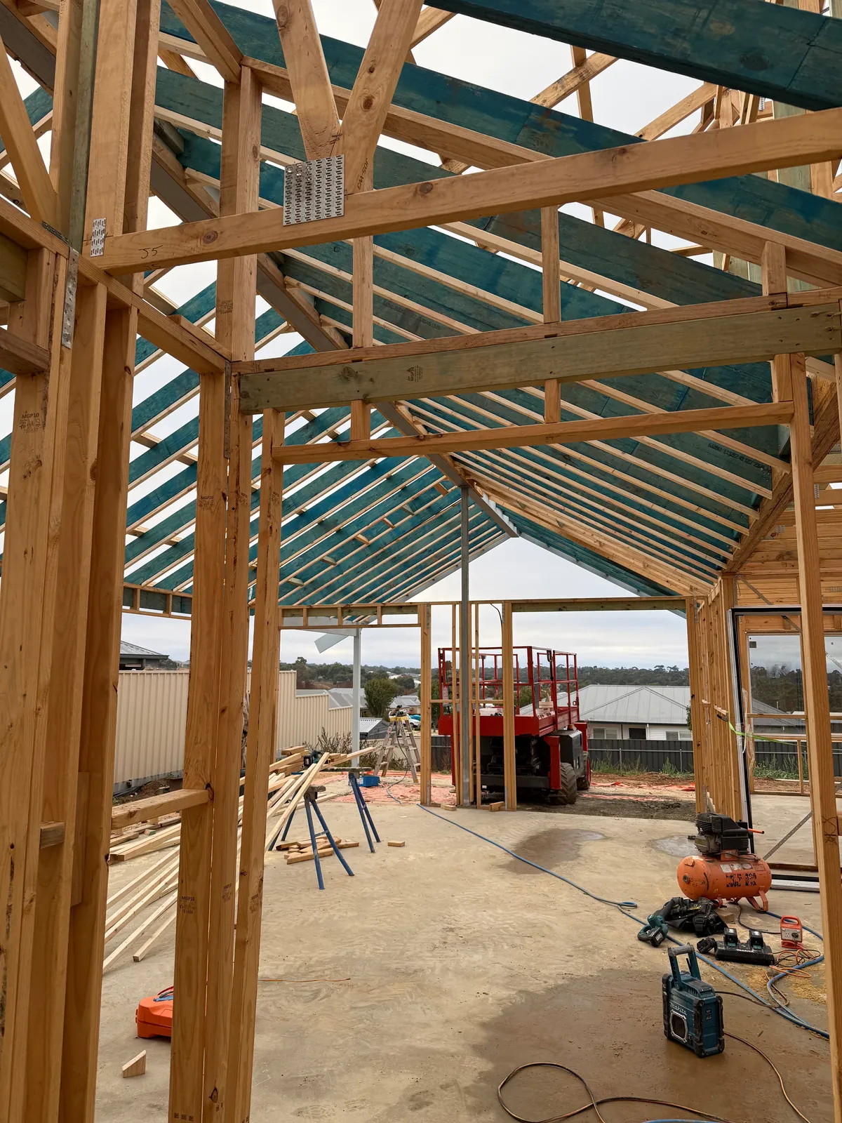 Inside a timber-framed new home during construction