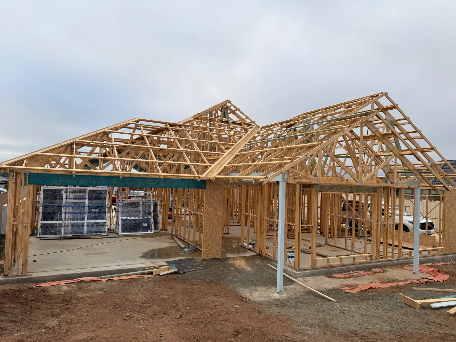 Timber roof trusses installed on a new single-storey home